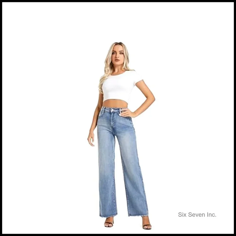 High Waisted Wide Leg Jeans Stretchy Straight Raw Hem Casual Denim